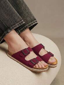 Solecia Sandal Musim Panas Wanita Terbaru dengan Sol Tali Rami, Model Slip-On dengan Hiasan Gesper Sabuk, Sandal Pantai Modis - Burgundy - View 2