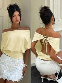 Aloruh Women's Spring/Summer Vacation Solid Color Yellow Mint Green Sexy Backless Loose Off-Shoulder Tie-Front T-Shirt, Suitable For Vacation, Party, Date, Music Festival, Y2K - Light Yellow - View 9
