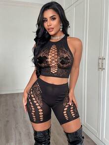 SHEIN Conjunto de Lingerie Sexy de Renda para Mulheres, Lingerie Sexy Adequada para Mulheres, Perfeita para Lua de Mel, Noite de Encontro e Outras Ocasiões. Esta Lingerie apresenta um design de malha, muito sexy e encantadora. Lingerie de Meia-Calça de Malha Sexy Adequada para Festa, Boate, Encontro, Apresentação, Noite de Casamento - Preto - Visão 3