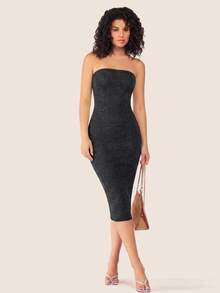 SHEIN BASICS 女款純色休閒日常無肩帶中長洋裝 - 黑色 - 查看 7