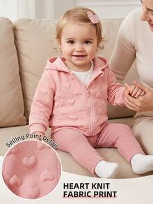 SHEIN Playful Pals 女嬰休閒純色保暖內裡連帽拉鍊夾克，適合秋冬穿著 - 淺粉色 - 查看 4