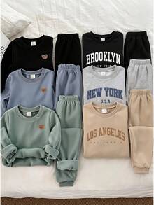 Cozy Pixies 兒童小男孩拼接圓領長袖套頭運動衫＋鬆緊腰長褲 6件套，度假休閒舒適返校穿搭 - 彩色 - 查看 3