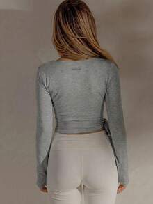 Aralina Solid Color Tie-Front Cropped Sports T-Shirt - Grey - View 3