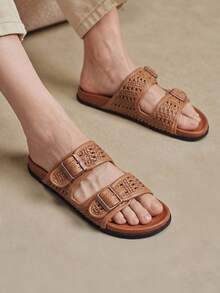 Solecia Ladies Spring And Summer New Hollow Woven Double Buckle Design Comfortable Casual Slippers - Brown - View 8
