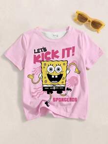SpongeBob SquarePants | SHEIN Young Girl Letter & Cartoon Print Round Neck Short Sleeve T-Shirt - White - View 1