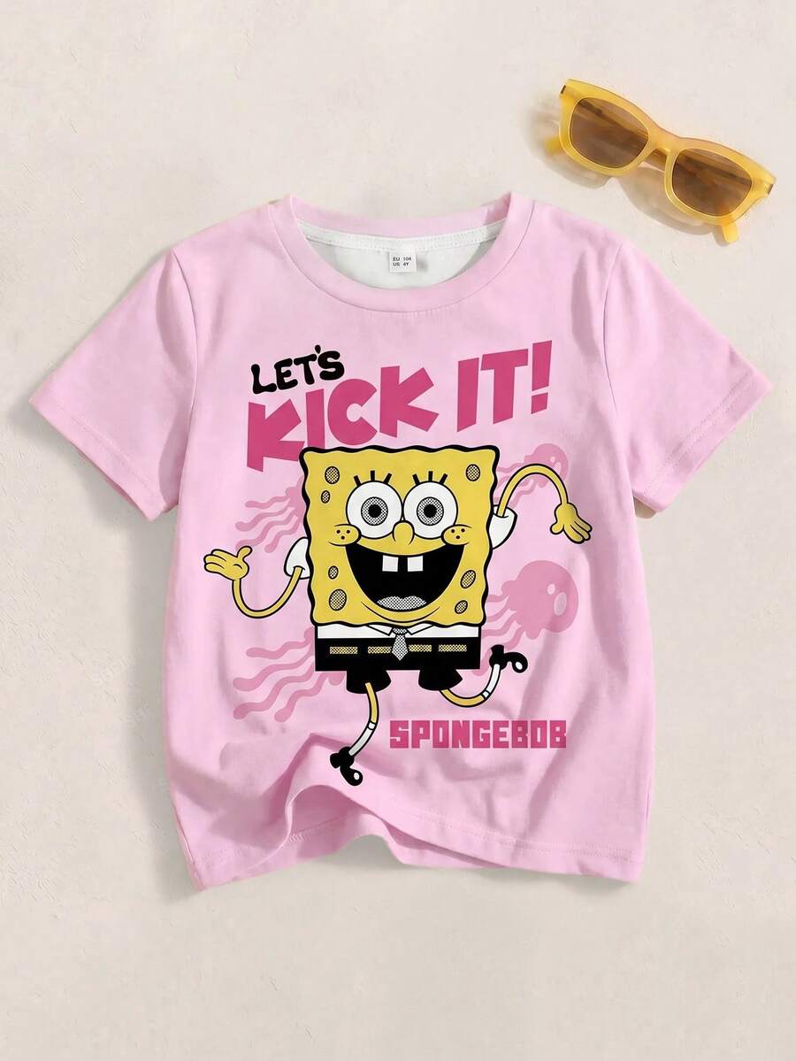 SpongeBob SquarePants | SHEIN Young Girl Letter & Cartoon Print Round Neck Short Sleeve T-Shirt - White - View 1