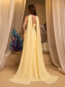 Glamrae Gaun A-Line Bustier Patchwork Manik-Manik Chiffon Kuning Elegan, Gaun Formal Modis untuk Tamu Pernikahan, Pesta Lajang & Makan Malam Formal - Kuning - View 9