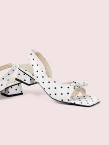CUCCOO DOLLMOD Women's Shoes, Beige Upper Black Polka Dots, Satin Texture, Back Strap Sandals, Bow Square Toe Low Chunky Heels, Elegant Commuting Out Versatile Fash - Black and White - View 2