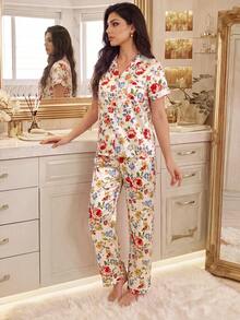 LuxeNights Classic Lapel Floral Faux Silk Short Sleeve Long Pants Loungewear Pajama Set For Women - Multicolor - View 5