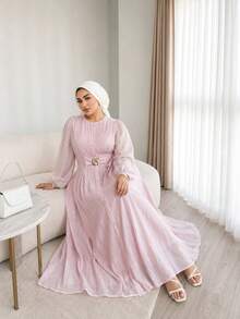 Solavon Gaun Lengan Panjang Ukuran Plus dengan Dekorasi Logam dan Kancing, Modis - Dusty Pink - View 5