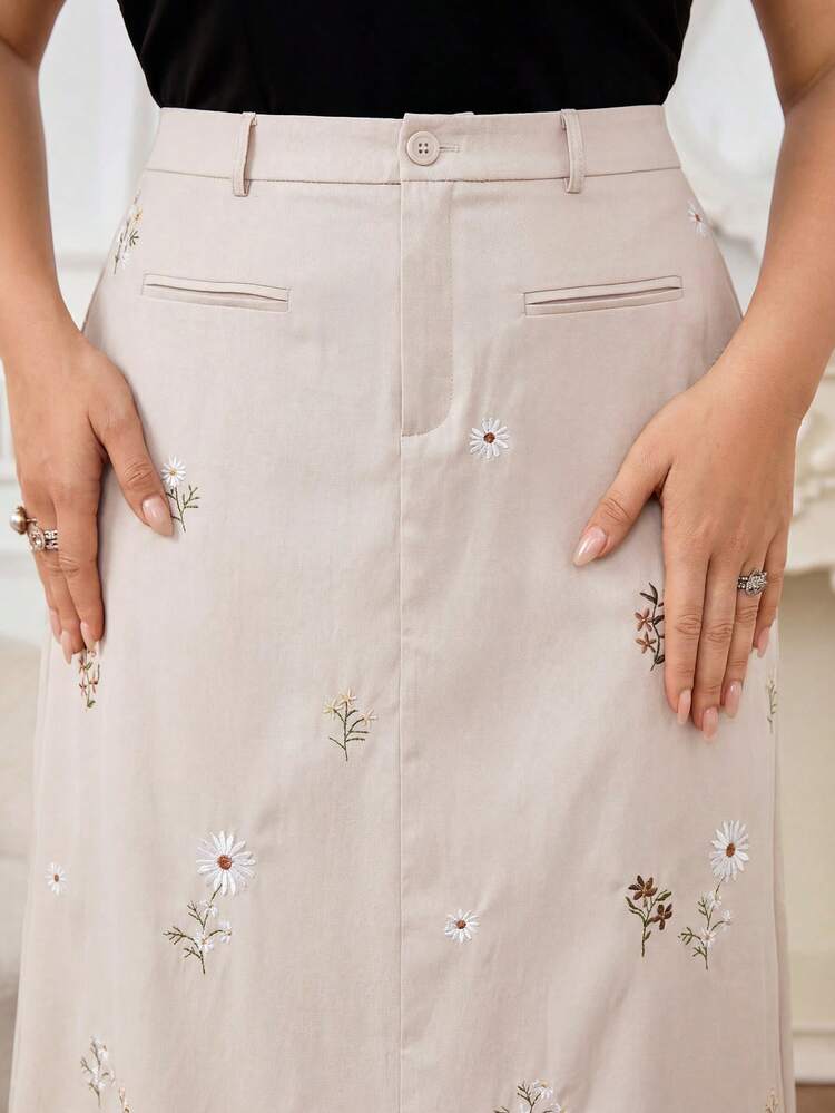 Modelyn Plus Size Fashion Vacation Embroidered Button Maxi Skirt Street Style - Multicolor - View 3
