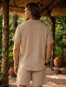 Genlund Men's Plus Size Textured Single-Breasted Short Sleeve Shirt And Pocket Drawstring Waist Beach Shorts Set Holiday / Vacation / Beach / Hawaii / Tropica - Khaki - View 2