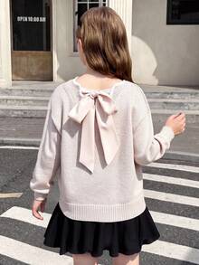 SHEIN Serisse Kids 少女優雅銀色V領蝴蝶結露背袖套頭冬季針織毛衣，波浪下擺時尚款，適合秋季、學校、返校季、休閒外出 - 卡其色 - 查看 10