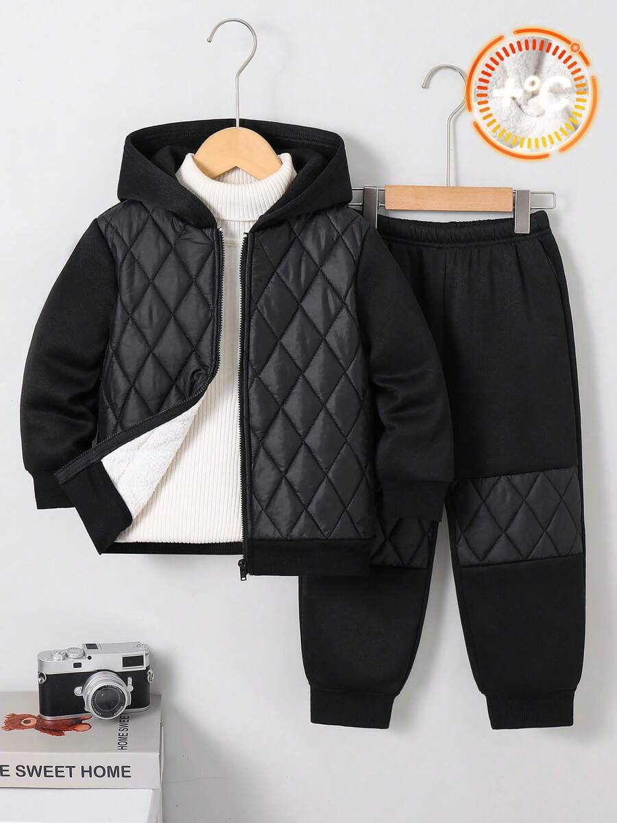 SHEIN 2件組兒童青少年藍色外套與棕色保暖毛絨內搭褲編織套裝,適合通勤穿著 - 黑色 - 查看 1