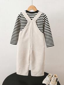 2pcs/Set Boys Toddler Spring/Autumn Black/White/Light Apricot Minimalist Korean Style Black/White Horizontal Striped Crew Neck Long Sleeve Top With Pocket Button Vertical Striped Suspenders Long Pants Set, Loose Straight Leg Fit, Suitable For Daily Wear, School Activities, Outdoor Play, Family Gatherings, Photography - Multicolor - View 2