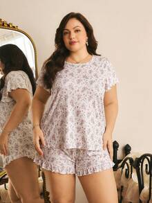 Côtesoire Plus Size Ditsy Floral Top And Shorts Pajama Set - Multicolor - View 4
