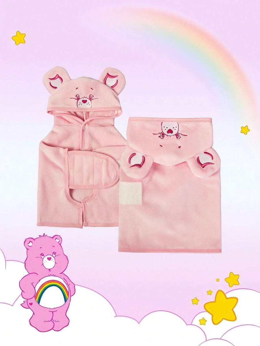 Care Bears X PETSIN 1件刺繡泰迪熊粉色絨毛連帽寵物浴袍,柔軟舒適且吸水,適合貓狗使用,適合洗澡後、泳池日、海邊旅行或日常美容,生日或週年紀念的可愛個性化禮物 - 粉色 - 查看 1