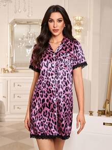 LuxeNights Women's Elegant Satin Pink Leopard Print Lace Trim Pocket Embroidered Short Sleeve Collared Nightgown - Pink - View 3