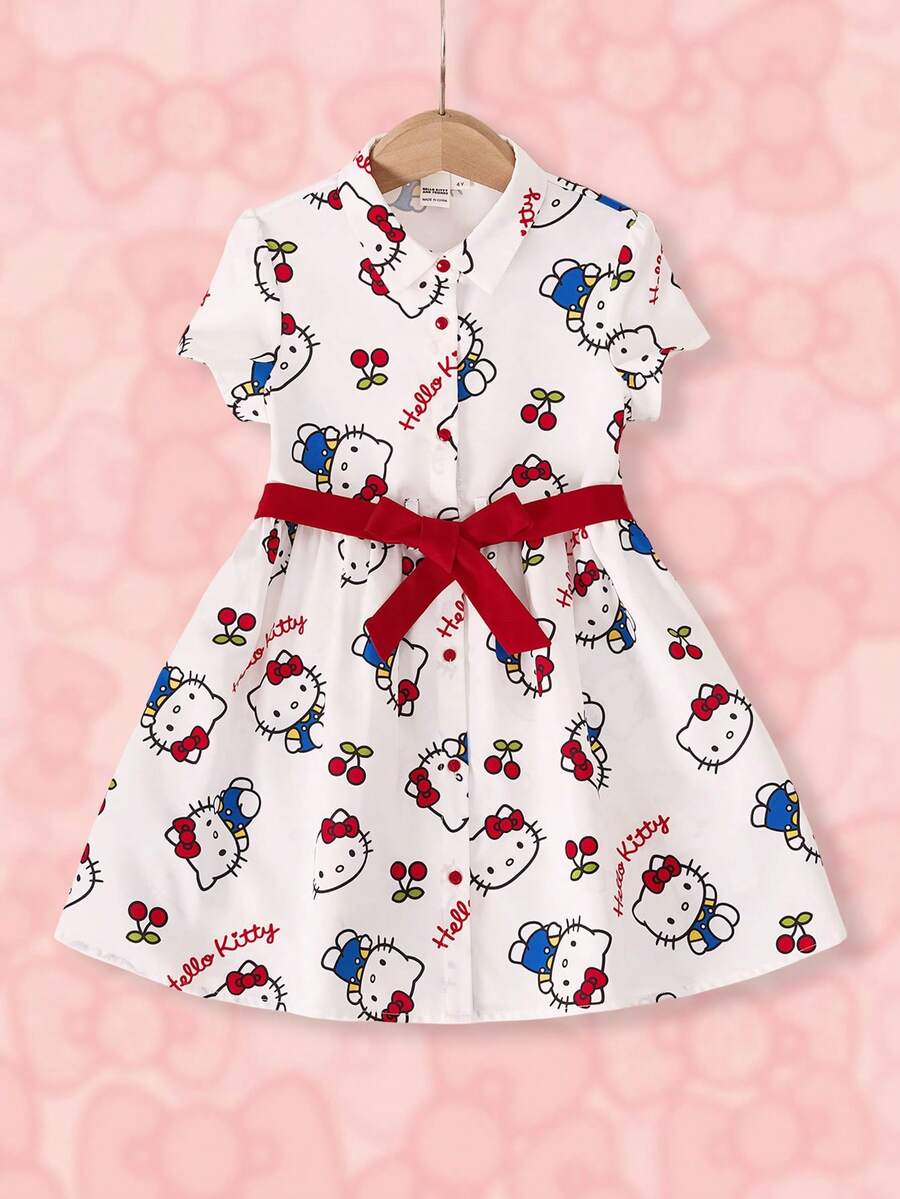 HELLO KITTY AND FRIENDS | SHEIN Gaun Kasual Lengan Pendek Motif Kartun untuk Anak Perempuan - Putih - View 1