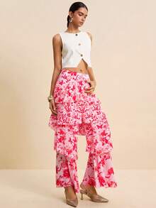 LOTSLUV Women's Early Autumn Vacation Elegant, Pink And Red Floral Print, Four-Layer Ruffle Split Flowy Long Pants,Summer Trousers,Women's Pants - Pink - View 5