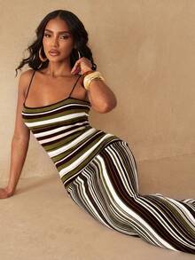 Silquee Women's Striped Colorblock Casual Daily Vacation Cover-Up Camisole Dress - Dark Green - View 7