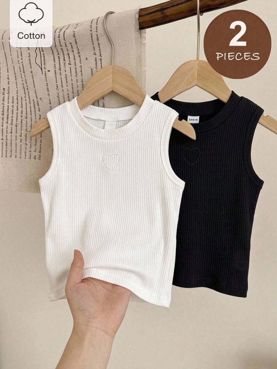 SHEIN Genkimix Kids 2件組少女背心上衣，愛心鏤空刺繡純色羅紋休閒舒適針織背心 - 黑與白 - 查看 1