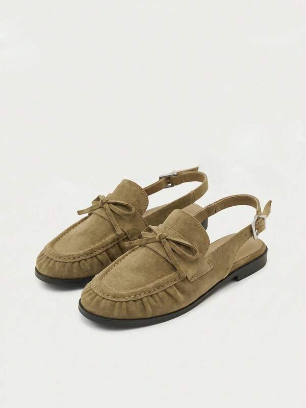 Nöista Vintage Moccasin Toe Head Suede Bow Back Half With Flat Loafers Lazy Wind Flats