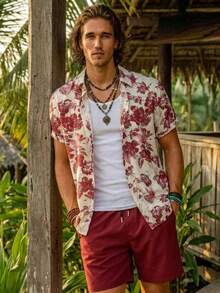 Genlund Plus Size Men Floral Print Single-Breasted Short Sleeve Top And Pocket Shorts Beach Outfit, Holiday - Burgundy - View 1