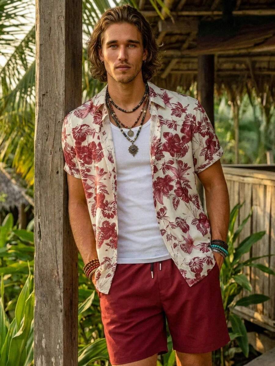 Genlund Plus Size Men Floral Print Single-Breasted Short Sleeve Top And Pocket Shorts Beach Outfit, Holiday - Burgundy - View 1