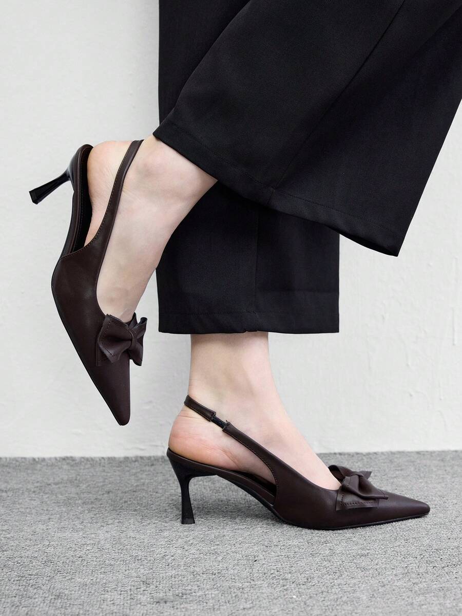 CUCCOO BIZCHIC 女款立體蝴蝶結V型側開口後綁帶尖頭細高跟slingback涼鞋,復古美拉德風高跟鞋,秋季 - 深咖色 - 查看 1