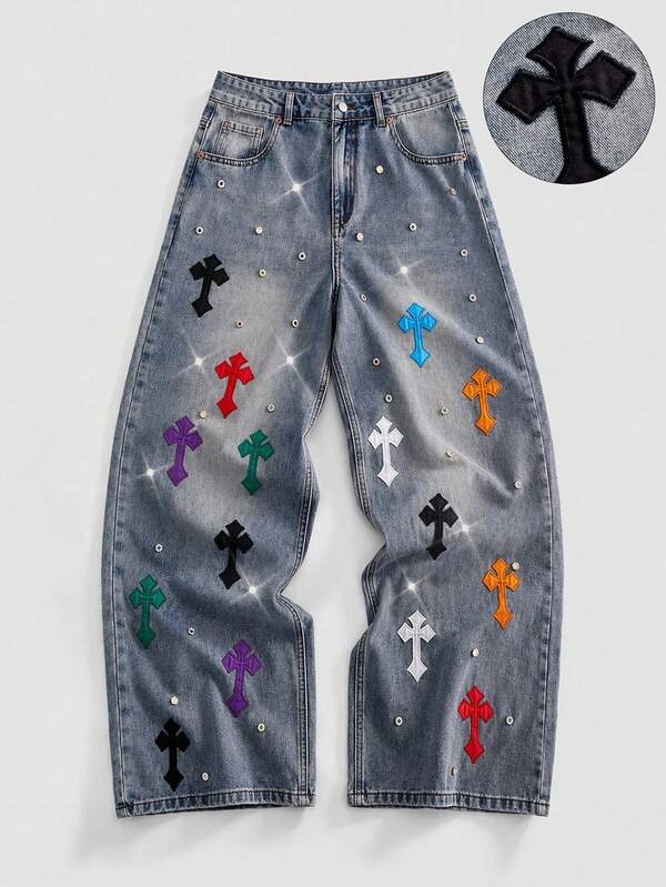 ROMWE MEN Jeans holgados para hombre con patrón de bordado de cruz de diamantes brillantes