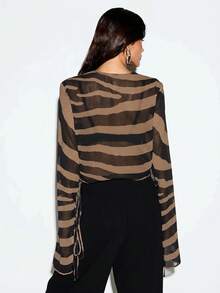 KIZN Sheer Zebra Print V-Neck Blouse With Flared Bell Sleeves And Tie Front Detail - Brown - View 2