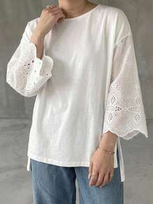 Dazy Plus Solid Color Contrast Lace Bell Sleeve Hem Slit Front Short Back Long Design Spring Summer Autumn White T-Shirt - White - View 5