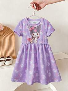 HELLO KITTY AND FRIENDS | SHEIN 女童圓領卡通印花百褶休閒日常洋裝 - 紫色 - 查看 3