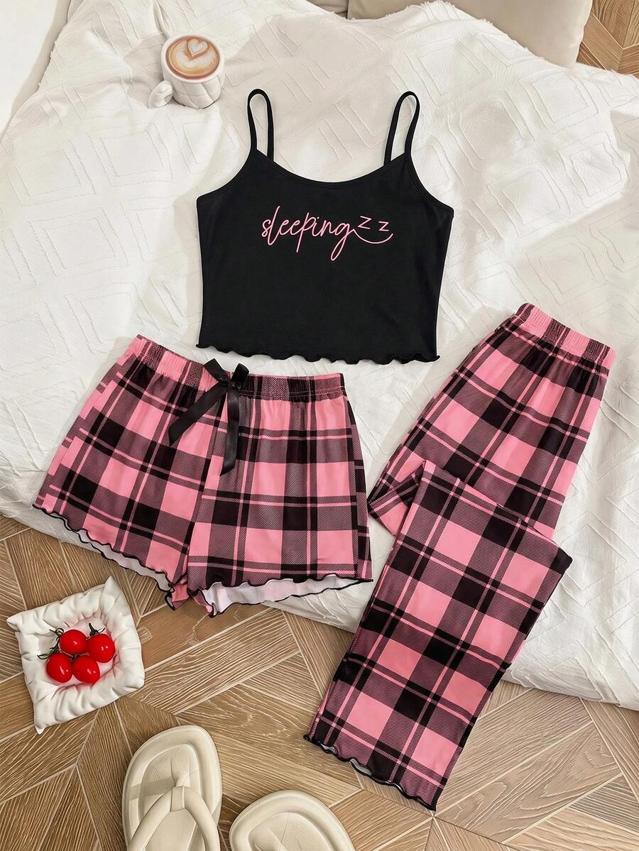 SHEIN MOD 3 件套:字母印花格子吊带背心短裤和长裤 - 彩色 - 查看 1