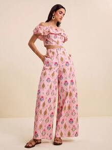LOTSLUV Women's Early Autumn Elegant Commute, Pink Print, Off-Shoulder Cropped Top And Printed Long Pants Two Pieces Set,Vacation Outfits,Office Casual - Pink - View 5