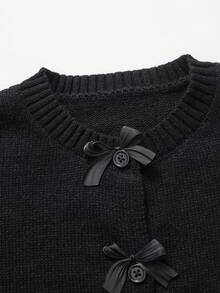 SHEIN 女童 Y2K 甜美風秋冬時尚蝴蝶結重工復古針織長袖開襟衫，休閒百搭返校校服冬裝，適合青少年女孩 - 黑色 - 查看 6