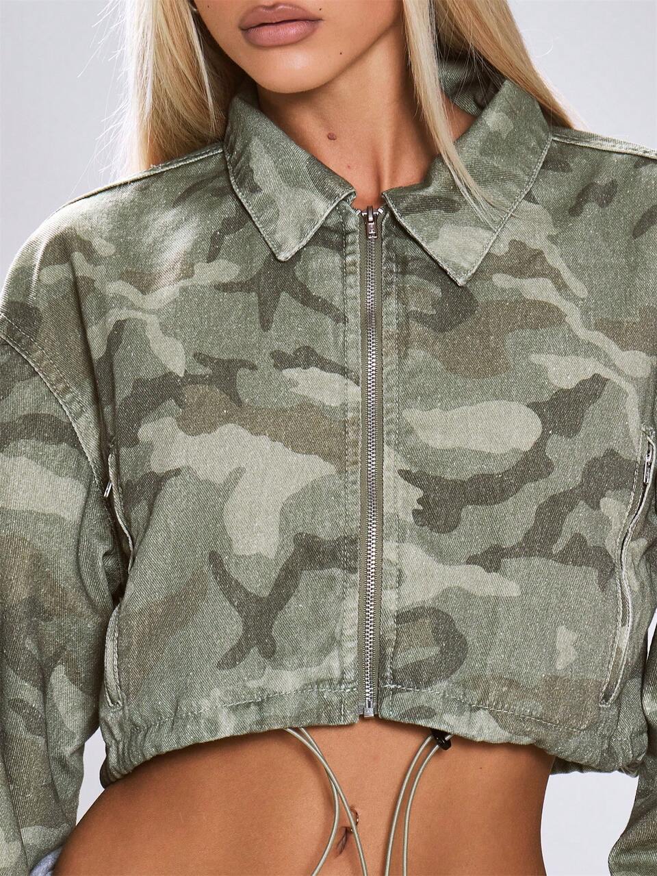 Green Camo Print Denim Collared Zip Through Cinched Drawcord Cropped Long Sleeve Jacket