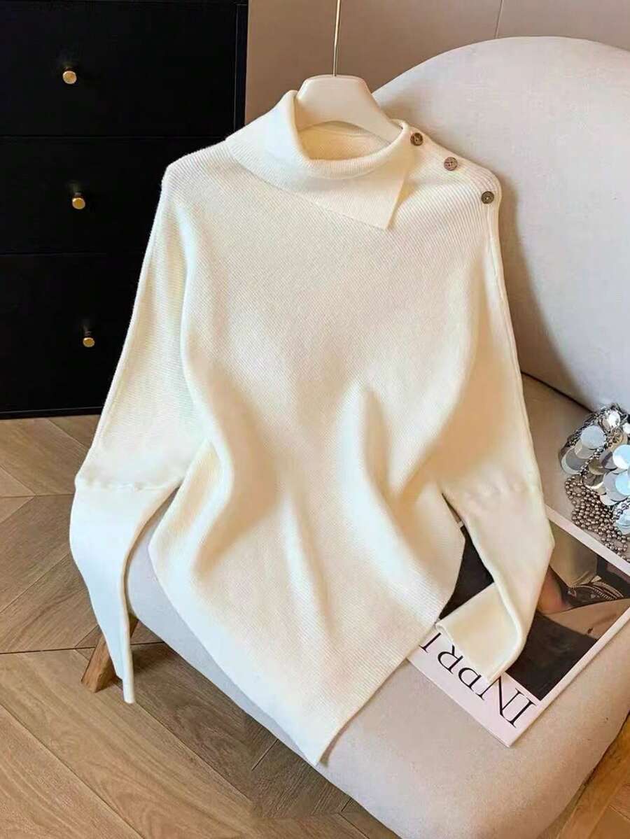 GlowEve Slouchy Elegant Semi-High Neck Batwing Sleeve Asymmetrical Slimming Knit Top Office Work Tea Party Brunch Off-White Fall - Apricot - View 1