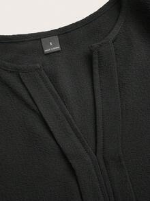 SHEIN LUNE 缺口領飾假門襟花瓣袖長袖襯衫 百搭百搭款 秋冬適用 - 黑色 - 查看 7