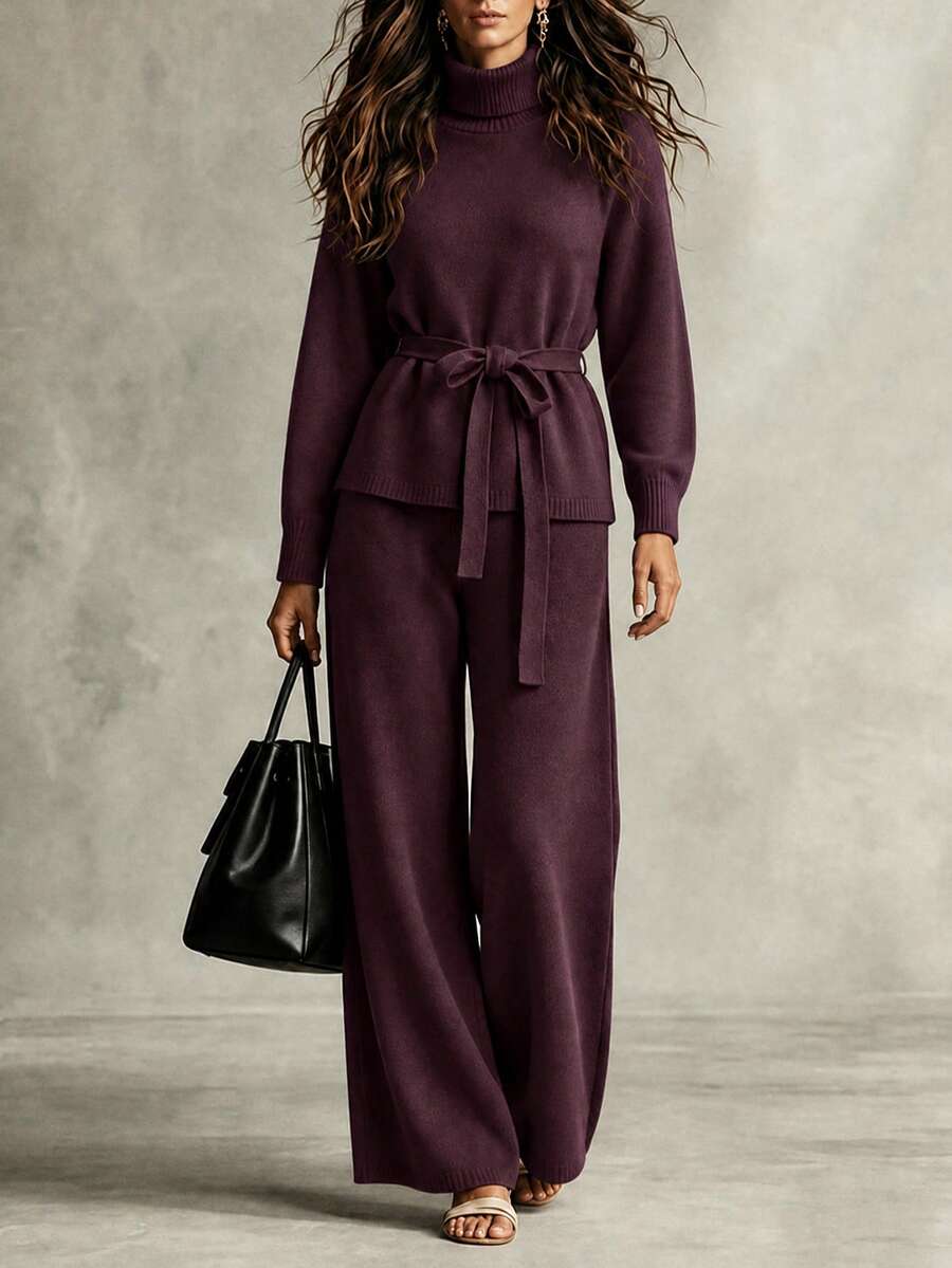 SHEIN Franclia 2件套女士高端优雅针织毛衣,白色,秋冬 - 酒紅色 - 查看 1