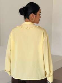 Dazy Plus Yellow Chiffon Blouse With Lace Ruffle Patchwork, Elegant Commuter Style With Tie-Up Detail, Spring/Autumn Shirt - Yellow - View 2