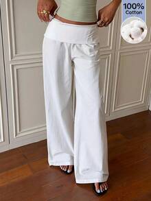 SHEIN EZwear 女款白色編織休閒長褲，折疊腰頭設計 - 白色 - 查看 6