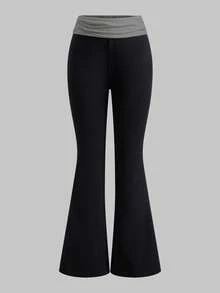 SHEIN Teen Girls Colorblock Folded Waist Flare Pants - Dark Grey - View 5