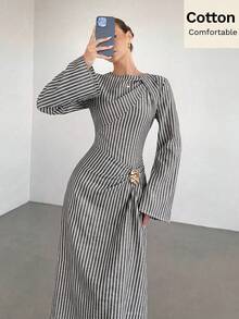 Siren Gaze 女款純色打結設計前襟金屬扣飾喇叭袖長袖洋裝，女款婚禮賓客禮服，女款冬季洋裝 - 黑與白 - 查看 5
