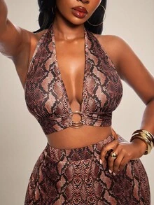 Radiana Plus Size Women's Fashion Sexy 2-Piece Set: Ring Design Snake Print Halter Deep V-Neck Top + Matching Flare Pants Set, Suitable For Party, Daily Wear - Multicolor - View 7