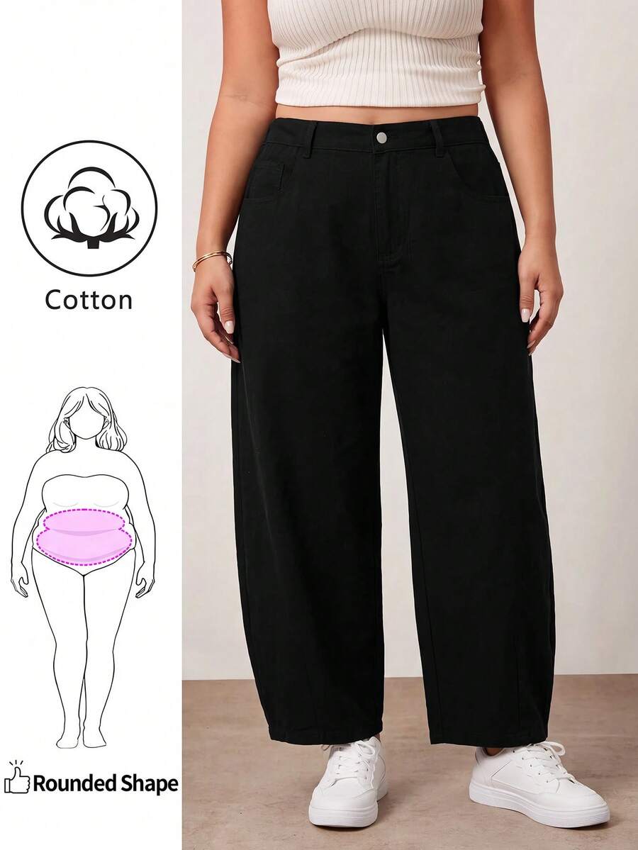 SHEIN ICON 大尺碼純色鈕扣寬鬆休閒牛仔褲,適合日常穿著,女款牛仔女孩造型,返校穿搭 - 黑色 - 查看 1