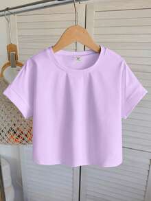SHEIN Tween Girl Casual Solid Color Loose Crew Neck Rolled Cuff Cap Sleeve Cropped T-Shirt - Mauve Purple - View 4