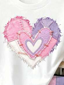 (Patrón Aleatorio, 1 Set Aleatorio) Camiseta Corta Básica & Shorts para Niñas Jóvenes con Patrón de Rayas, Cara de Dibujos Animados, Parches de Corazón y Lazo en Púrpura & Rosa Fresco - Multicolor - Ver 6