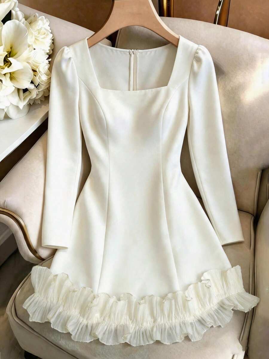 Qadelle 2026 New Women's Elegant White Square Neck Ruffle Hem Short Dress - Apricot - View 1